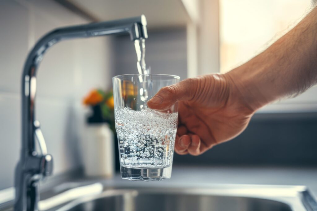 Close-up of hand with glass taking tap purified filtered water from special kitchen mixer. Beautiful simple AI generated image in 4K, unique.